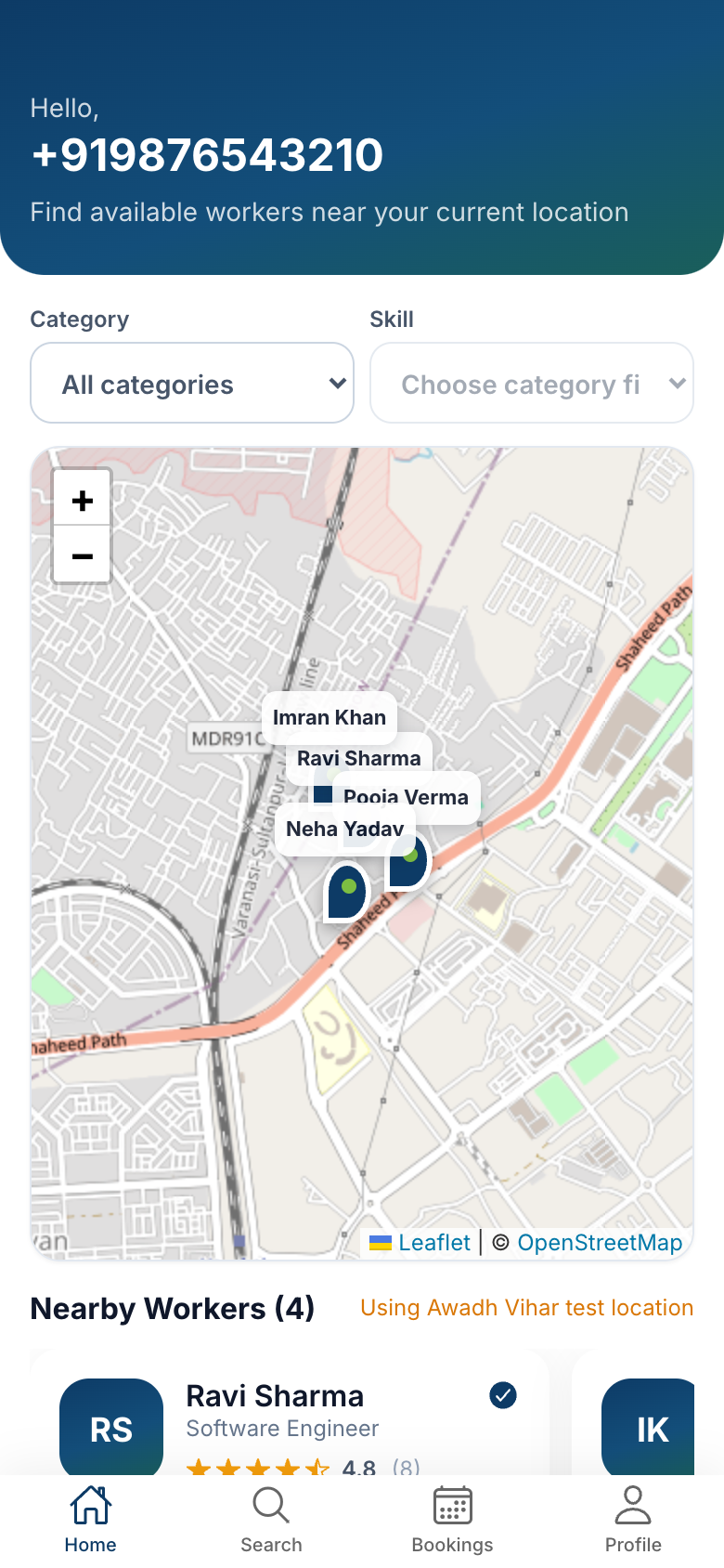 Kaam Junction customer home with map of nearby workers